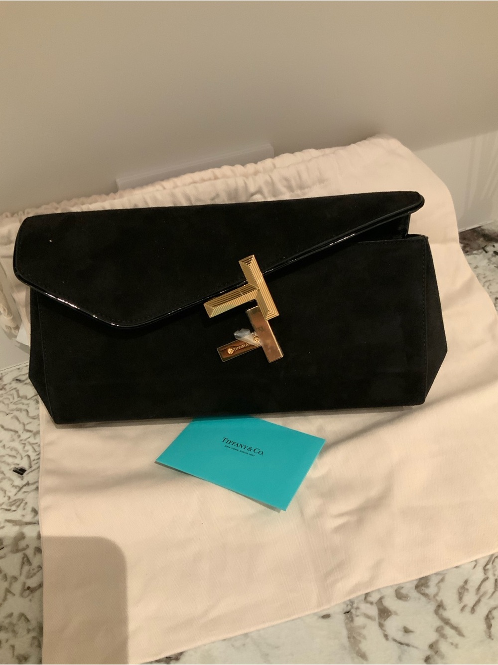 Tiffany & Co. Black Suede Clutch with Gold T-Bar Closure